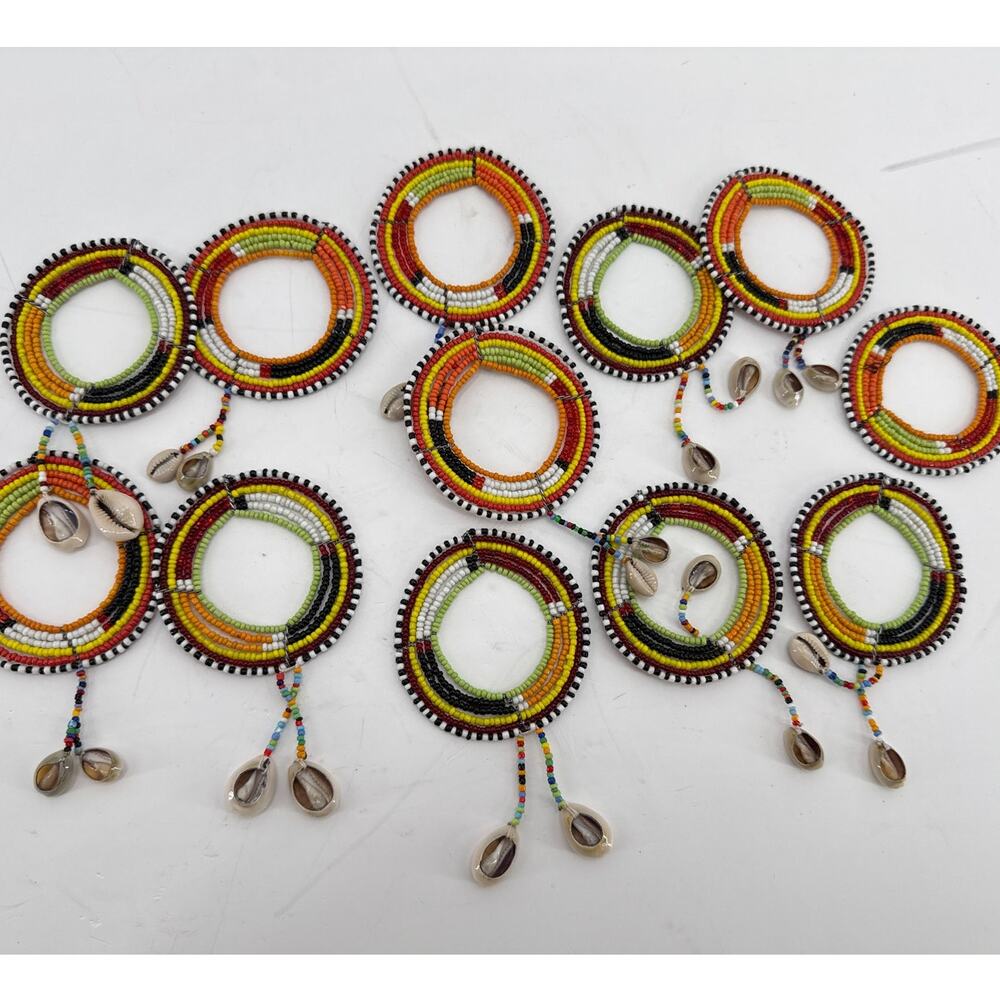 African Maasai Beaded Napkin Rings Set 12 Cowrie Shell Tribal Boho Table Decor